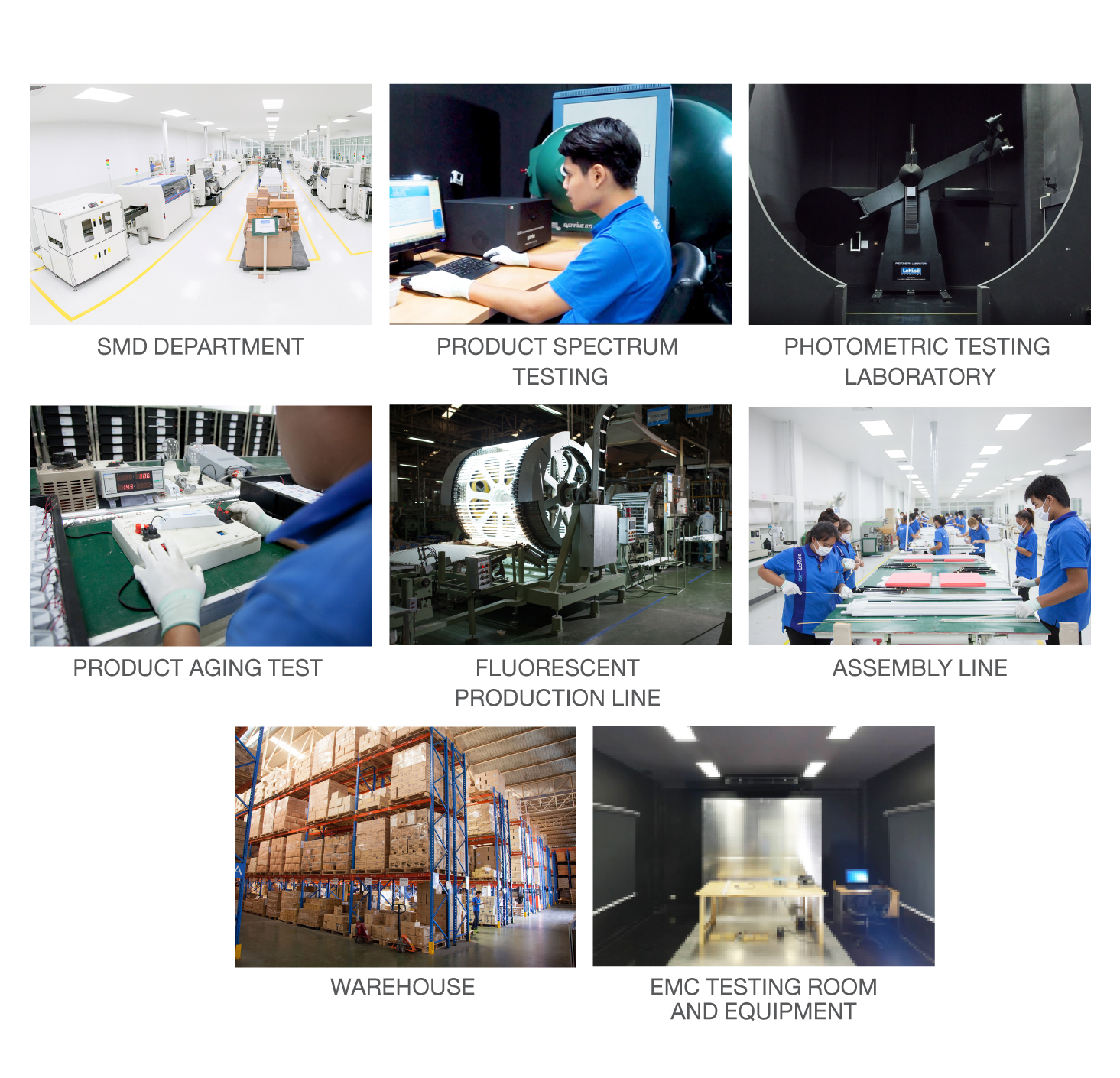 SMD Department Product Spectrum testing Photometric testing laboratory Product Aging Test Fluorescent Production Line Assembly Line Warehouse EMC testing room and equipment